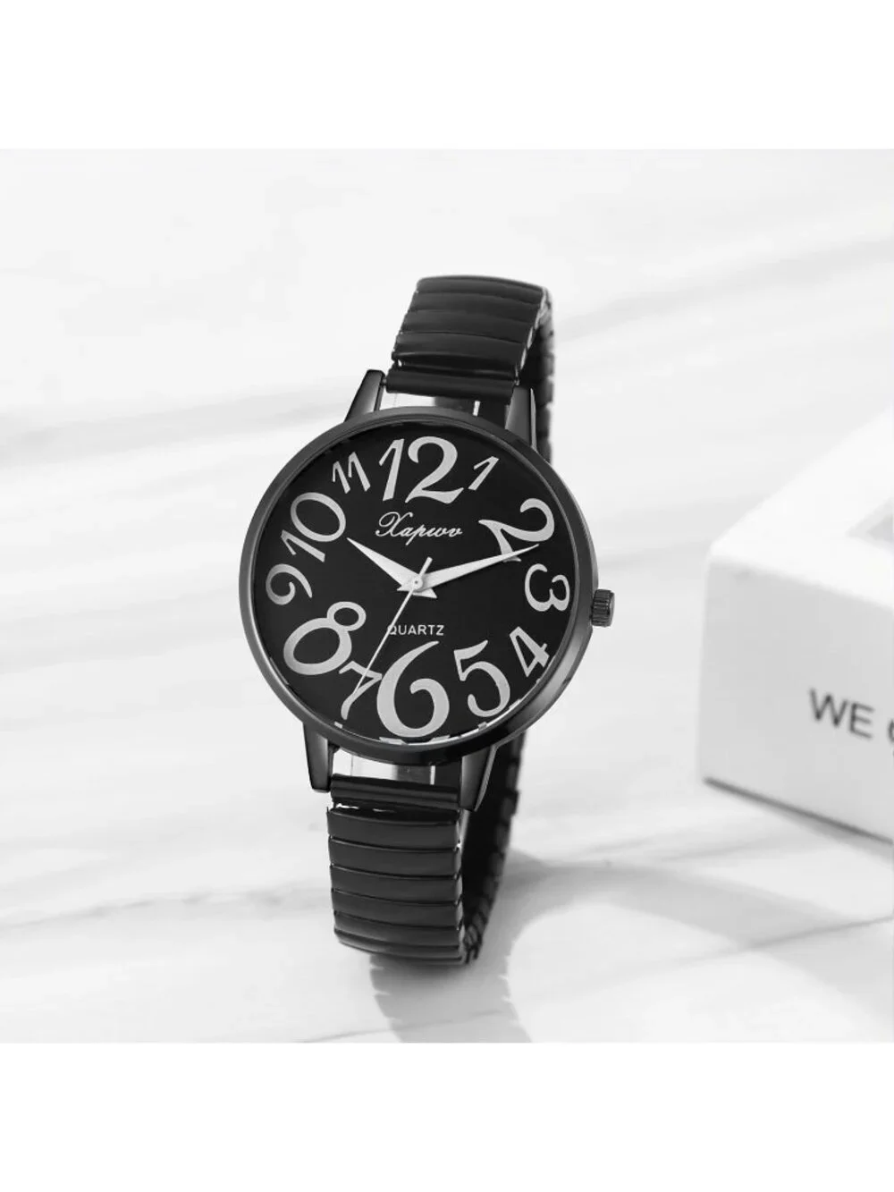 Women's All Black Analog Quartz Big Numbers Easy Reader Stretch Band Wrist Watch